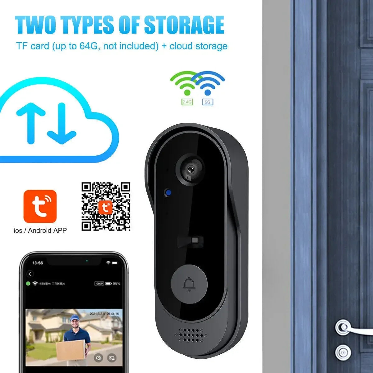 Wireless Smart Video Doorbell with Camera – WiFi HD, Night Vision, Two-Way Audio, Waterproof (Tuya Compatible)